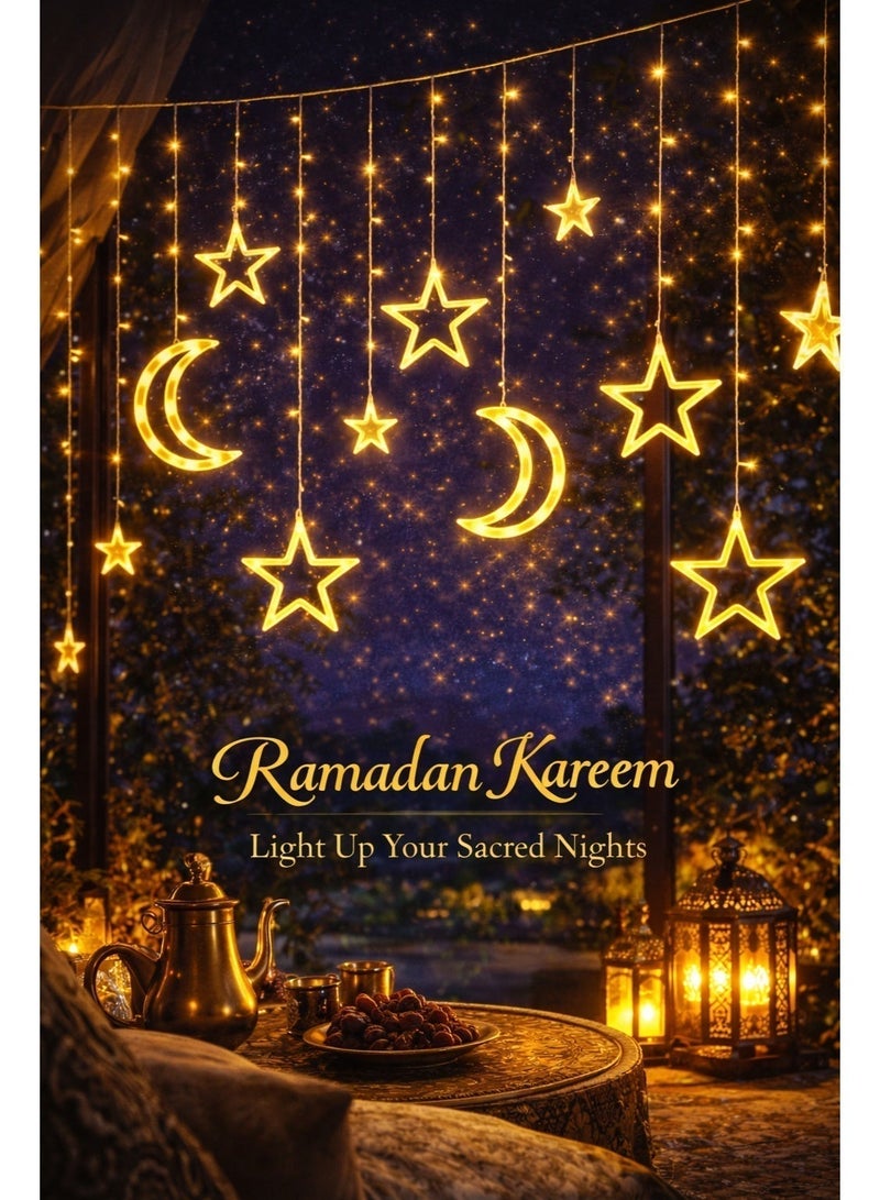 اضاءة رمضان LED بتصميم النجمة والهلال – ستارة ولمبات إضاءة بطول 3.5 متر، لون أبيض دافئ، زينة رمضان والعيد للمنزل وغرفة النوم والنوافذ، 8 أوضاع إضاءة، قابس ثلاثي UK - view 2